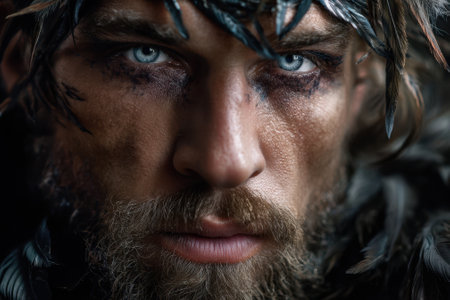 A rugged warrior displays piercing blue eyes and intricate markings, showcasing strength and intensity outdoors.の写真素材