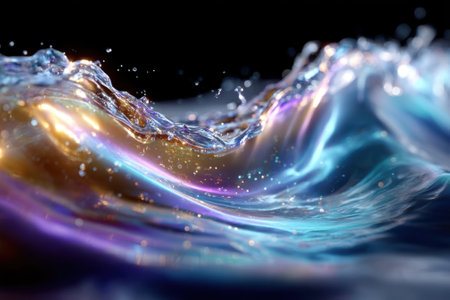 Waves crash gently, reflecting a myriad of colors under soft lighting at night, creating a mesmerizing effect.の写真素材