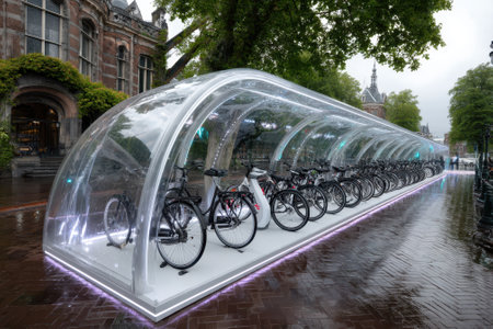 Bicycles are neatly parked in a transparent covered structure on a rainy day, surrounded by lush greenery.の写真素材