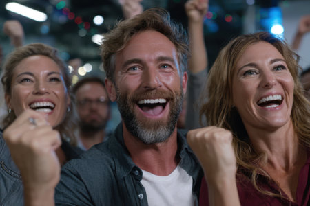 A group of joyful friends reacts with excitement, cheering enthusiastically during a fun event at night.の写真素材
