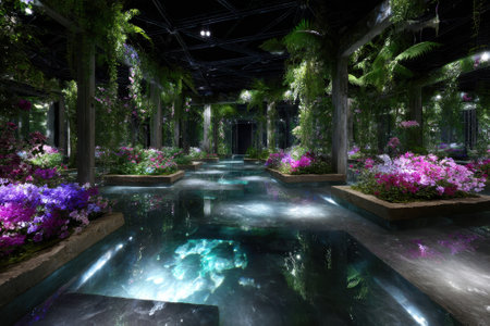 Lush plants surround tranquil water, creating a serene atmosphere filled with vibrant flowers.の写真素材