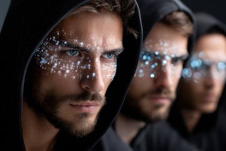 A young male model with striking facial art looks intensely ahead while wearing a dark hoodie.の写真素材