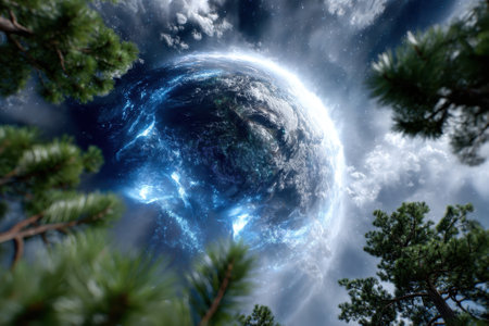 A breathtaking view of Earth is framed by lush trees, showcasing stars and ethereal light in the night sky.の写真素材
