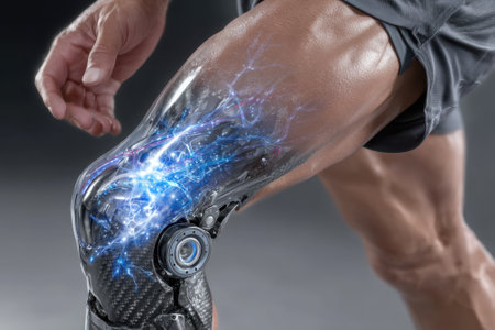 A close-up view shows a high-tech robotic knee joint with visible electrical activity, highlighting innovation.の写真素材