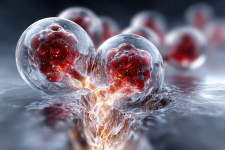 Two molecules merge together, creating luminous trails and intricate patterns in a laboratory setting.の写真素材