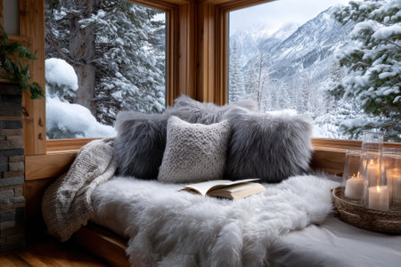A serene retreat showcases a soft seating area with pillows, a book, and a breathtaking snowy mountain backdrop.の写真素材