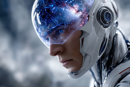 A humanoid robot stands poised, showing a transparent head filled with a swirling galaxy, in a high-tech environment.の写真素材