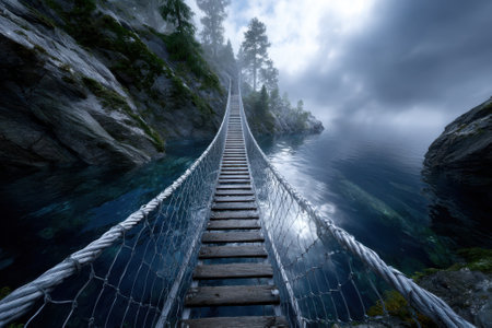 A wooden suspension bridge stretches across calm waters surrounded by trees under a misty sky.の写真素材