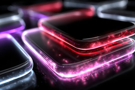 Bright tiles glow in vibrant colors, creating a captivating abstract design on a dark surface.の写真素材