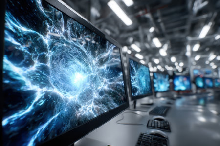 Advanced computers showcase vibrant and intricate abstract graphics in a contemporary office setting.の写真素材