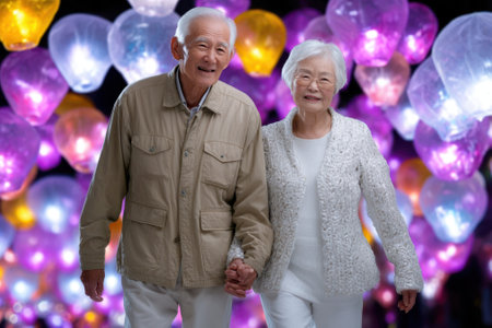 An elderly couple walks hand in hand through a vibrant lantern festival filled with glowing lights.の写真素材