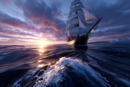 A historic sailing ship navigates the tranquil ocean waters as the sun sets, casting warm colors across the sky.の写真素材