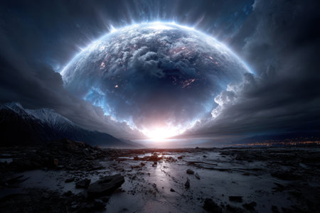 A breathtaking view of the universe unfolds above a tranquil landscape, showing vibrant colors and light.の写真素材