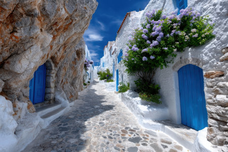 Winding stone pathway flanked by whitewashed buildings and blooming purple flowers in a sunny Greek village.の写真素材