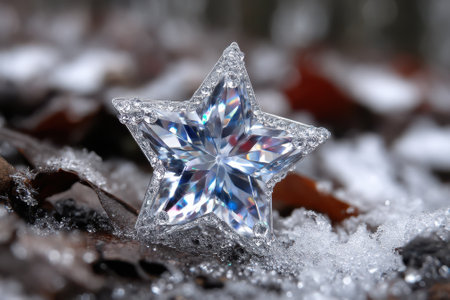 A clear star ornament glistens on a bed of snow and autumn leaves in a serene winter setting.の写真素材