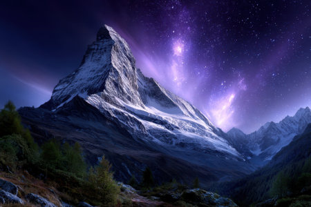 Snow-covered peak stands tall against a starry purple sky, showcasing the beauty of the Swiss Alps at night.の写真素材