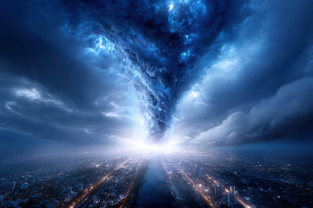 Dark storm clouds swirl ominously over city buildings as lights twinkle below at dusk.の写真素材