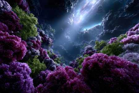 Vibrant corals in various shades thrive underwater, illuminated by soft beams of light from above.の写真素材