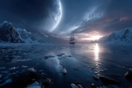 A tall ship navigates icy waters surrounded by towering mountains as a large moon illuminates the scene.の写真素材