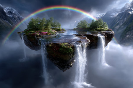 Surreal floating islands feature lush greenery and waterfalls, framed by a colorful rainbow and misty mountains.の写真素材