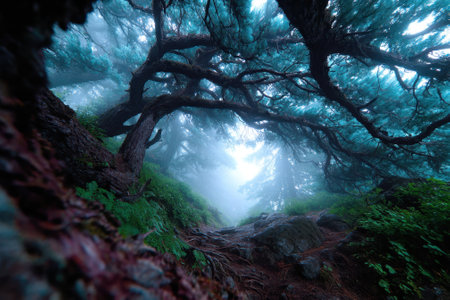 Twisting trees and a winding trail enveloped in mist create a tranquil atmosphere in the forest at dusk.の写真素材