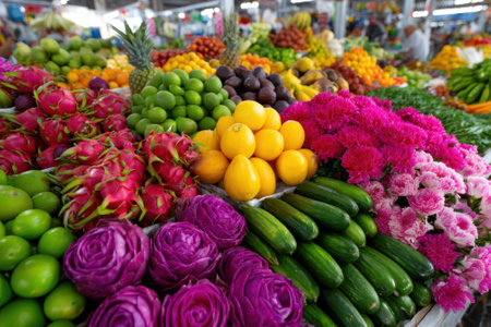 Fresh fruits and vibrant flowers fill the market stall, showing a rich variety of colors and textures.の写真素材