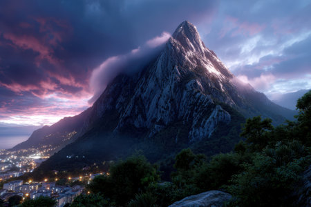 Clouds swirl around a towering mountain as the sun sets, casting a colorful glow over the nearby city below.の写真素材
