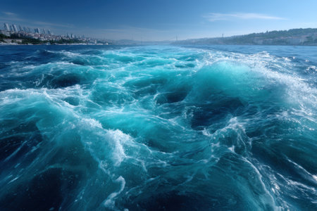 Vibrant turquoise waves surge and crash against the backdrop of a skyline under a bright sky.の写真素材