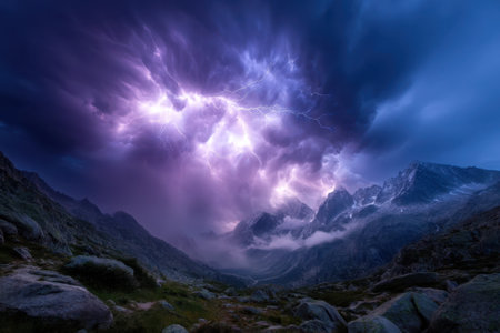 Dramatic lightning illuminates a stormy sky above a rugged mountain valley at dusk, creating an awe-inspiring view.の写真素材