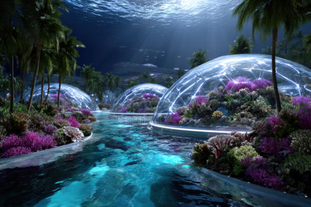 Vibrant coral gardens nestled under the ocean, showcasing futuristic domes filled with colorful marine life.の写真素材