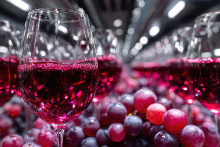Glasses of red wine are showcased atop fresh, ripe grapes in a modern winery during a vibrant tasting event.の写真素材