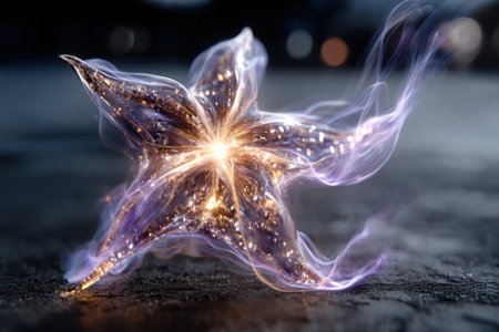 A brilliant star-like shape emits light and sparkles, surrounded by ethereal wisps on a dark surface.の写真素材