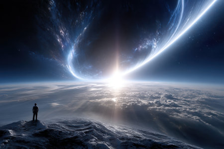 A lone figure stands on a rocky summit, staring at a bright celestial object illuminating the cosmos.の写真素材