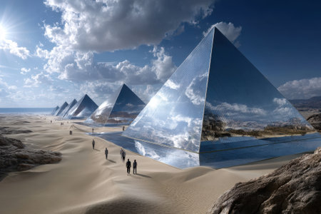 Visitors explore a series of reflective pyramids in a vast desert with soft sand and dramatic clouds above.の写真素材