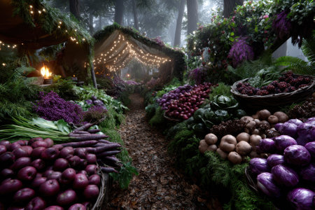 Vibrant display of fresh vegetables in a magical forest market, illuminated by soft lights under tree canopies.の写真素材