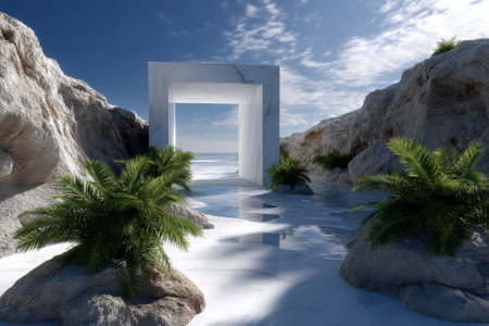 Coastal view featuring a striking marble arch framed by lush tropical plants and calm waters under a bright sky.の写真素材