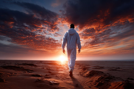 A person dressed in a protective suit walks alone across a vast desert, heading towards a vibrant sunset.の写真素材