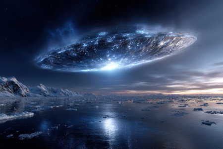 A large, glowing disc hovers in the night sky over a frozen ocean, illuminating the dark surroundings.の写真素材