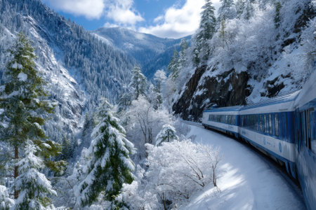 A train travels along a snowy mountain path, surrounded by towering evergreen trees and pristine landscapes.の写真素材