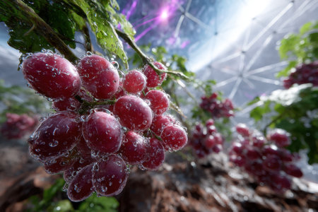 Clusters of ripe grapes glisten with water droplets in a unique, high-tech setting under bright lighting.の写真素材