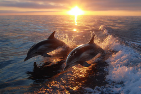 Two dolphins jump joyfully through the water as the sun sets, creating a stunning golden glow over the ocean.の写真素材