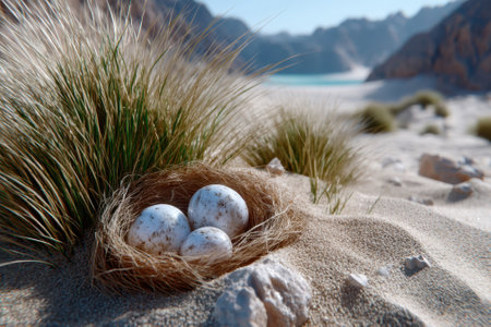 A nest containing speckled eggs is situated on sandy terrain near a serene ocean and mountains.の写真素材