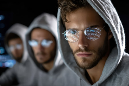 Individuals in hoodies concentrate on their screens, analyzing data in a dark environment at night.の写真素材