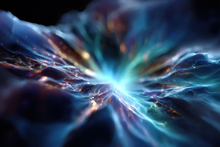 A stunning display of cosmic energy swirls with vibrant colors and intricate patterns, showing a universe in motion.の写真素材