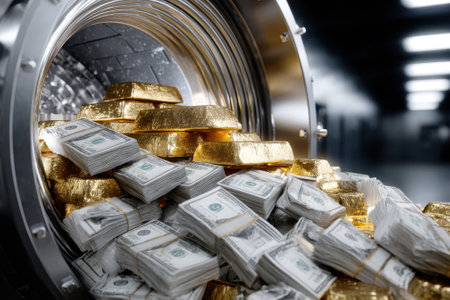 Cash bundles and gold bars are stacked in a secure vault, highlighting wealth accumulation at night.の写真素材