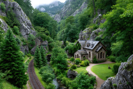 A stone chapel nestled in a vibrant valley, surrounded by trees and a winding railway in nature.の写真素材