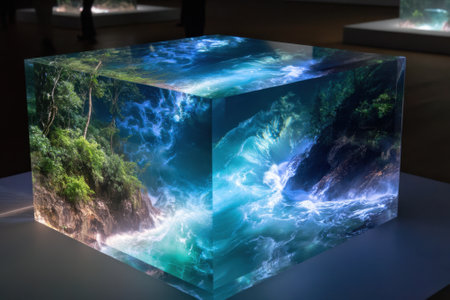 An artistic display showcases a glass cube depicting dynamic water and vibrant foliage, captivating viewers.の写真素材