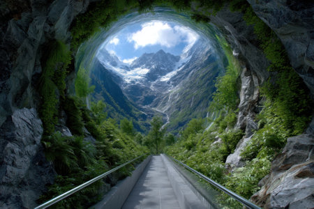 A tranquil pathway winds through a vibrant green tunnel, revealing towering mountains under a blue sky.の写真素材