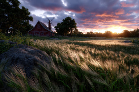 Golden sunlight casts a warm glow over lush green grass and a rustic barn at sunset.の写真素材