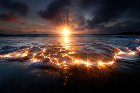 Golden rays of sunlight break through clouds, illuminating gentle waves and creating sparkling reflections on the water.の写真素材